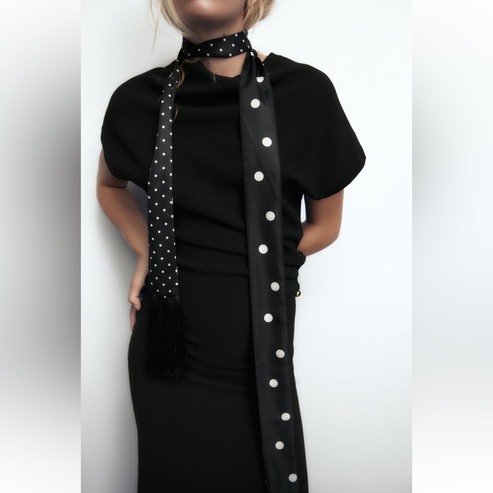 ZARA FRINGE POLKA DOT BLACK & WHITE LONG SKINNY SCARF